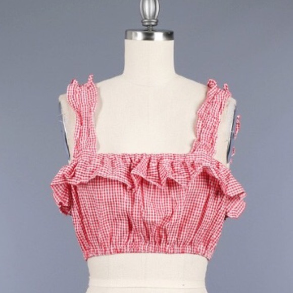 Free People Tops Red White Checkered Ruffle Trim Boho Crop Top