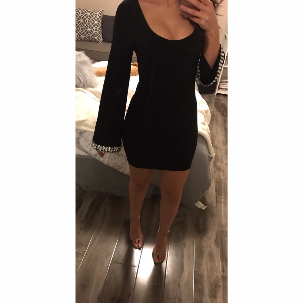 NWOT Elegant Black Dress with Crystal Flare Arms