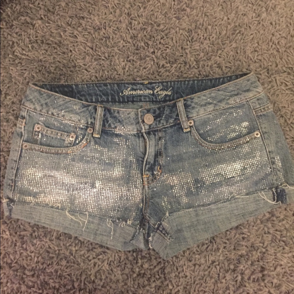 American Eagle shiny denim shorts