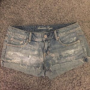 American Eagle shiny denim shorts