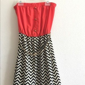Red orange, black and white chevron print dress