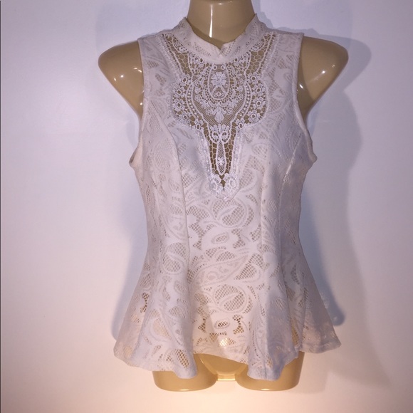 Papaya Tops - Crochet Medium Ivory Peplum Top Gorgeous