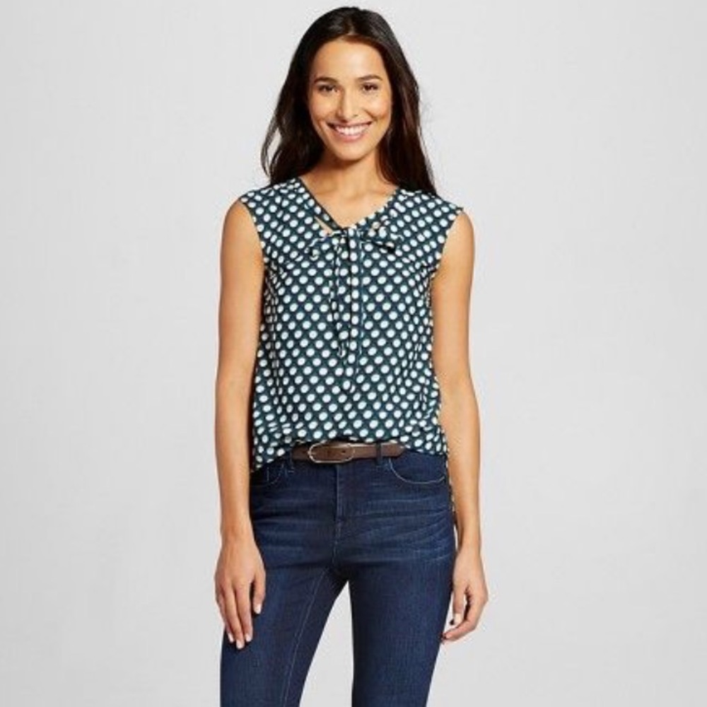 Sleeveless Polka Dot Tie Front Blouse