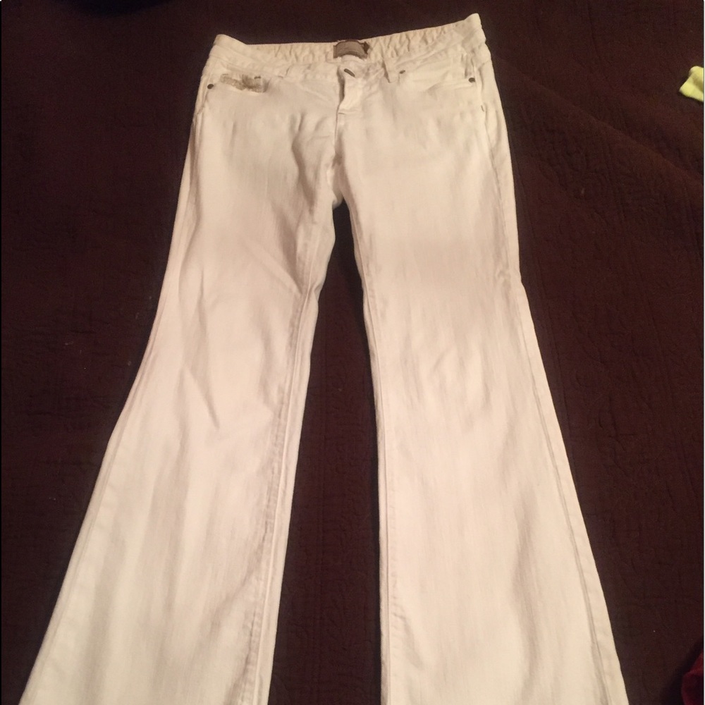 Paige white denim flared jeans, embroidered accent