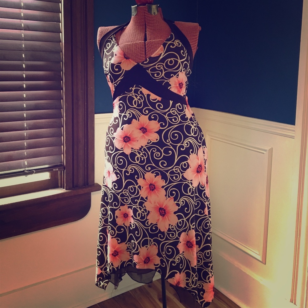Vintage Halter Dress, Brown and Pink Flowers