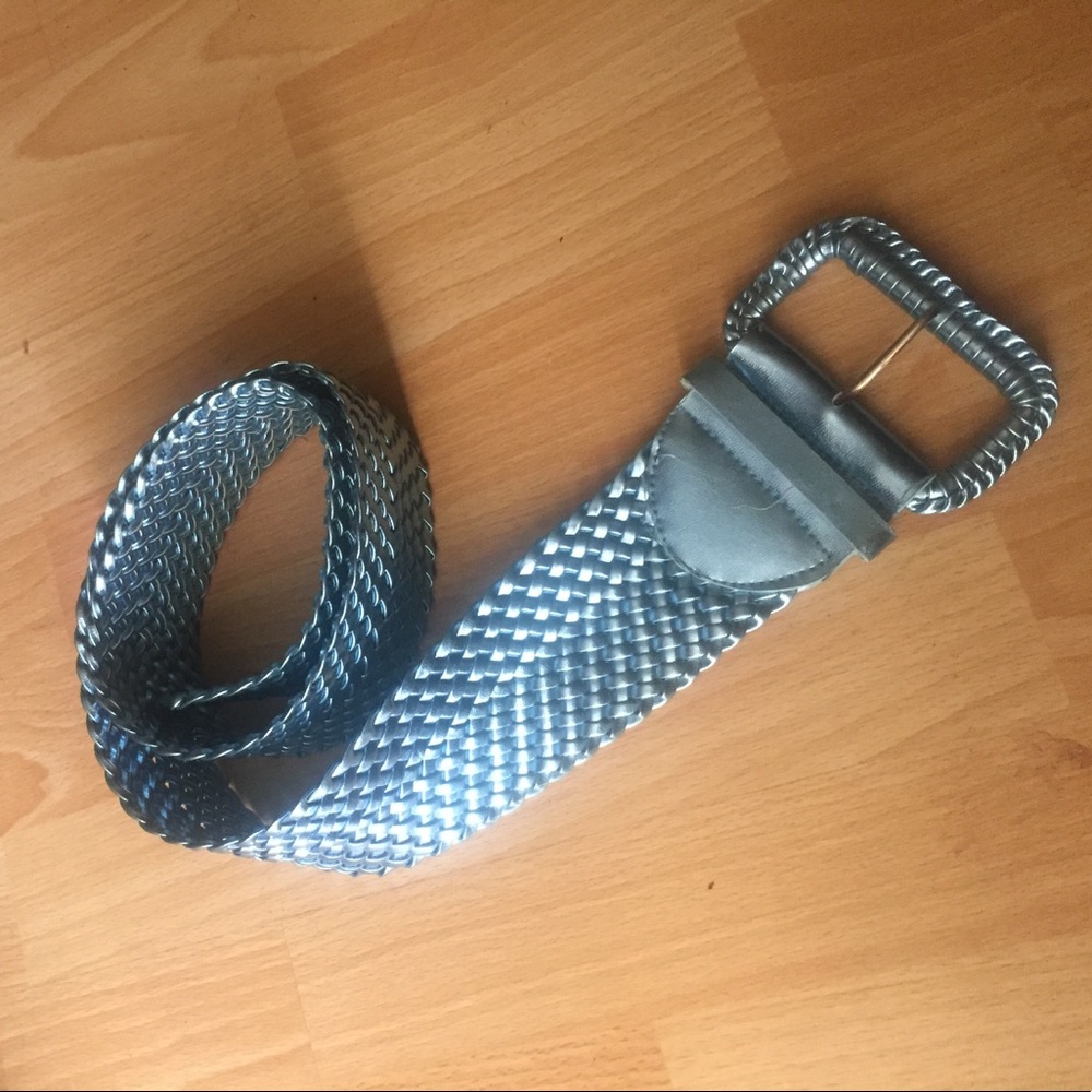 Wide baby blue metallic belt.