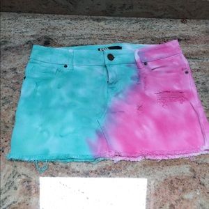 Tie dye short distressed jean skirt