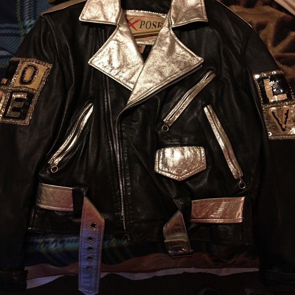 Black and silver leather jacket with sequence