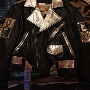Black and silver leather jacket with sequence
