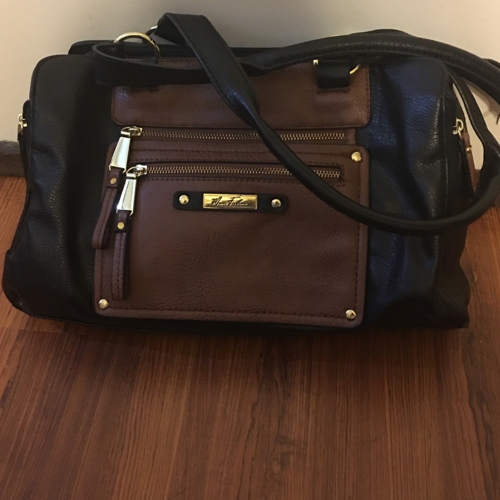 Brown and black leather purse.