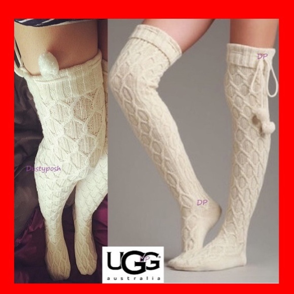 UGG Over The Knee Thigh High Boot Socks Pom Pom Birthday Gift Cozy Discontinued - Picture 2 of 11