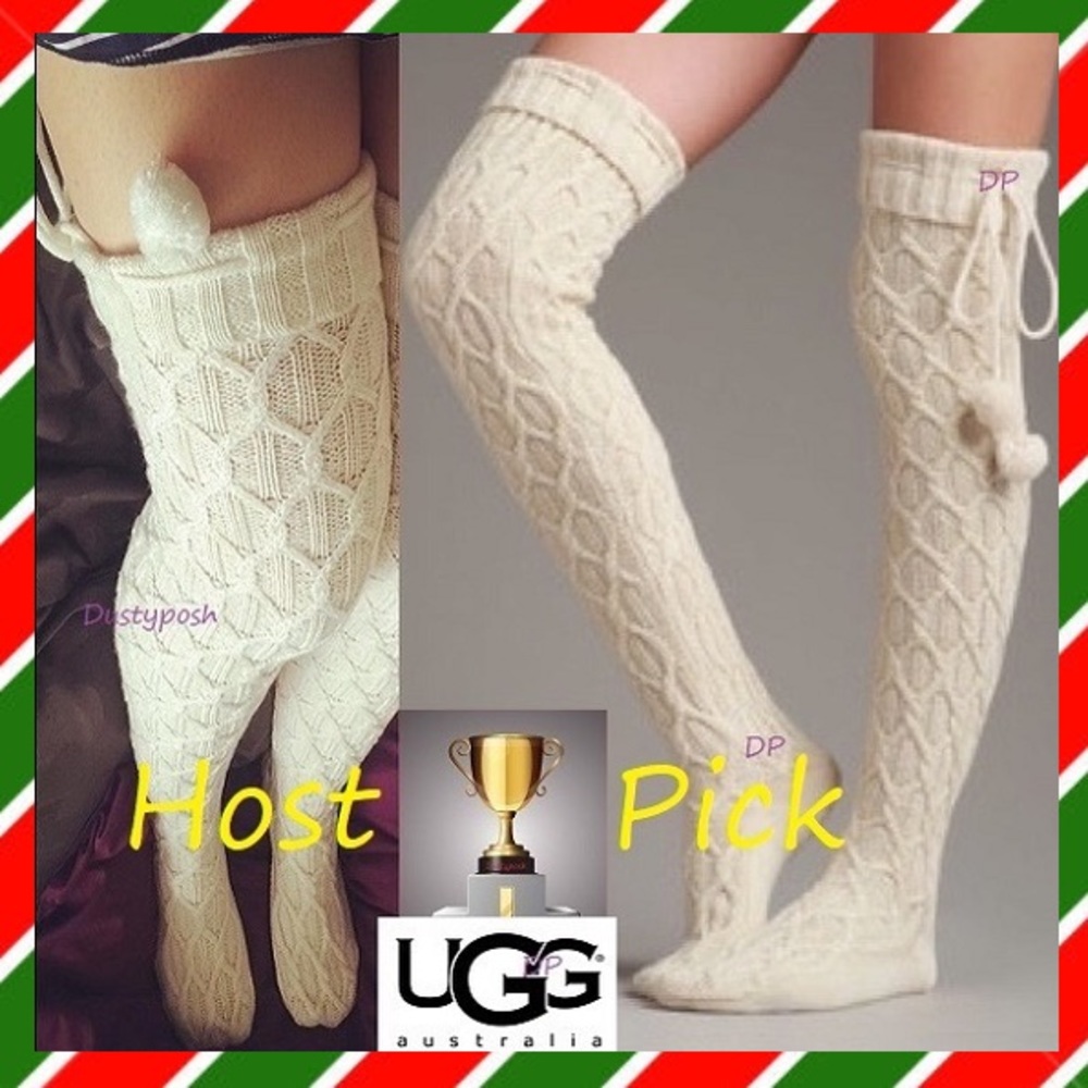 UGG Over The Knee Thigh High Boot Socks Pom Pom Birthday Gift Cozy Discontinued - Picture 3 of 11