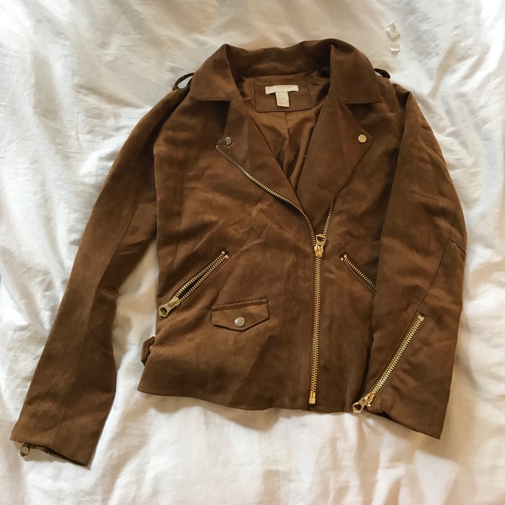 H&M suede camel jacket w gold zippers