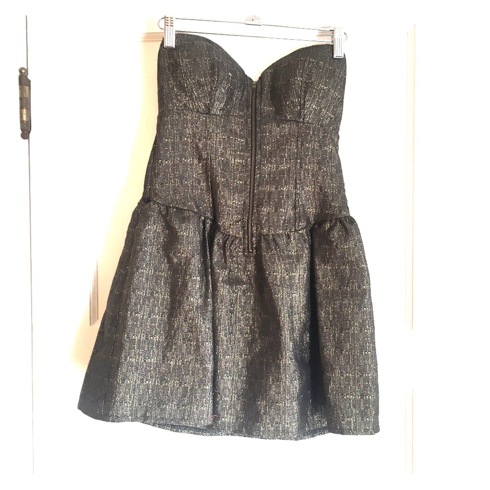 Gold lurex strapless dress with front zip detail