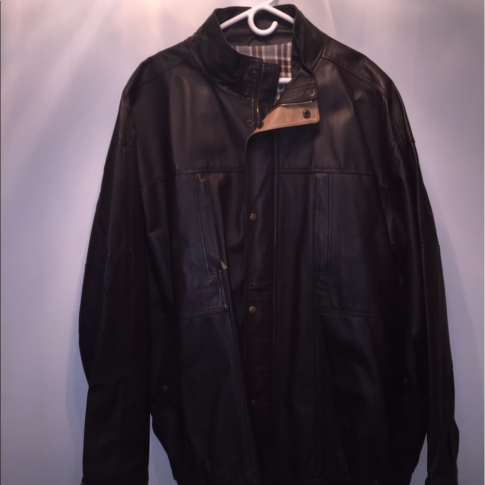 Heavy leather banded collar bomber jacket