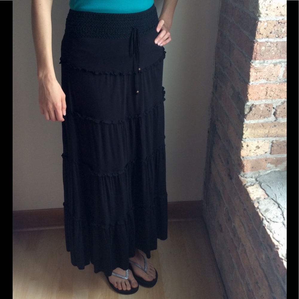 INC Tiered Boho Black Maxi Skirt