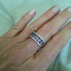 Platinum Plated Amethyst and CZ Diamond Band Ring