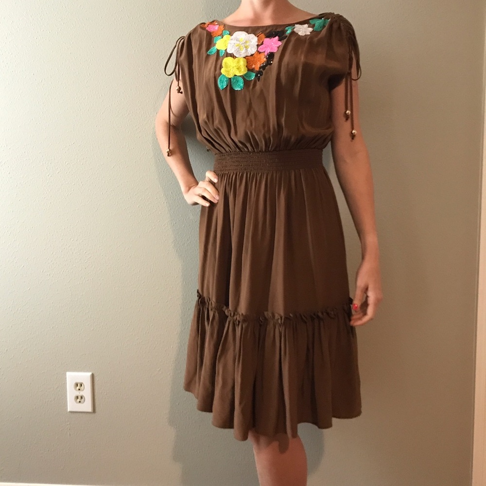 Milly brown silk peasant dress.