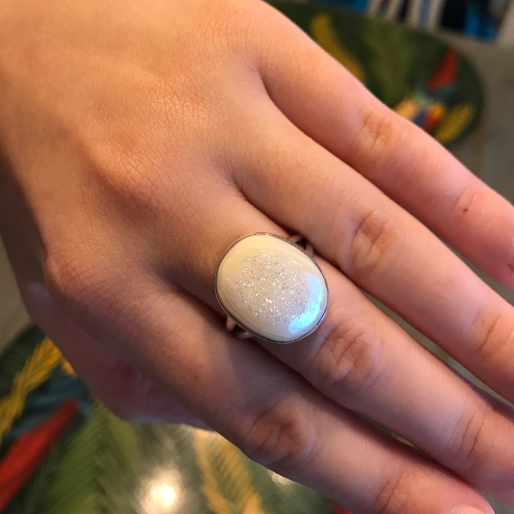 New White Rainbow Druzy Size 8 .925 SS Ring