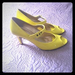 J Crew Lemon Yellow Peep Toe Mary Jane Heels
