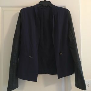 Navy faux leather sleeves blazer