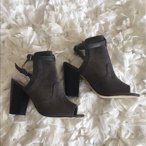 Gray suede booties with strap details