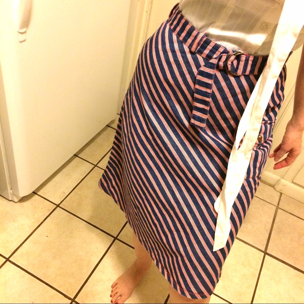 Blue Denim Midi Skirt with Red & White Stripes