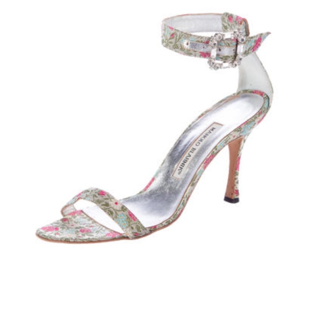 Manolo Blahnik floral strap heels / original box