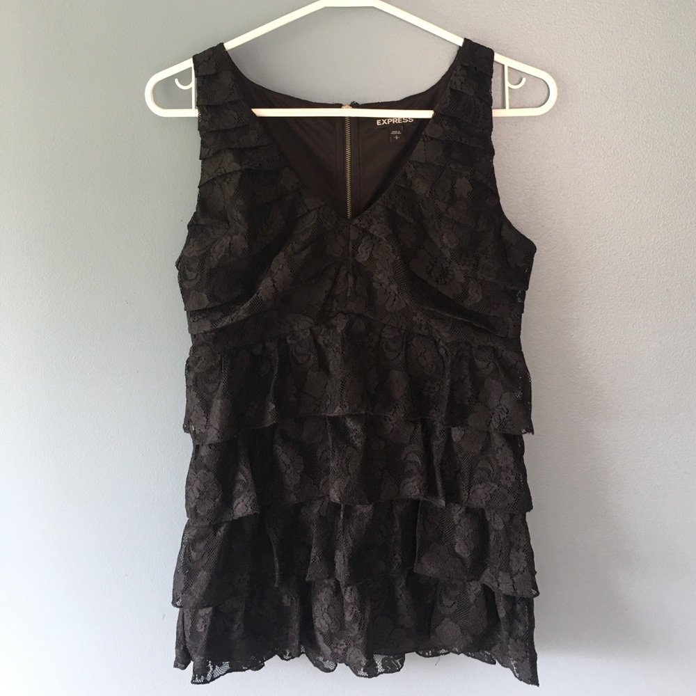 Express black lace, ruffled top.