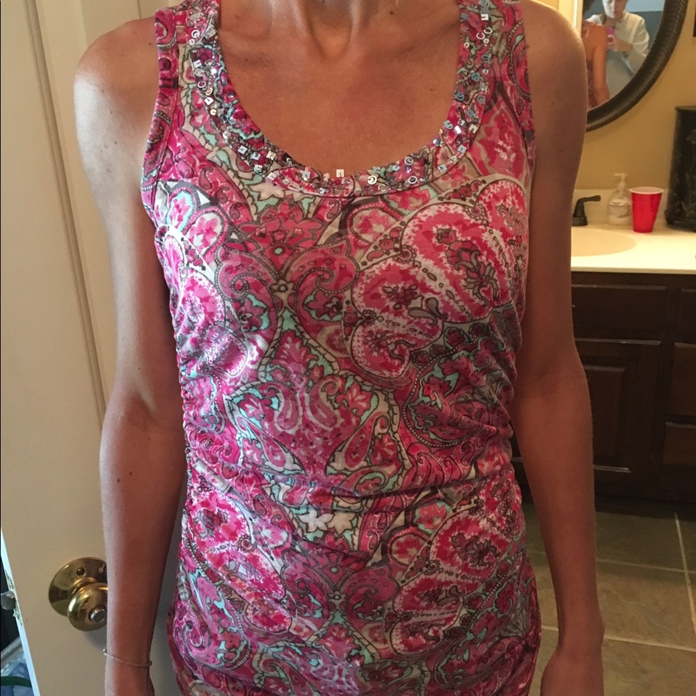 Pink paisley shirt with silver sequins around neck