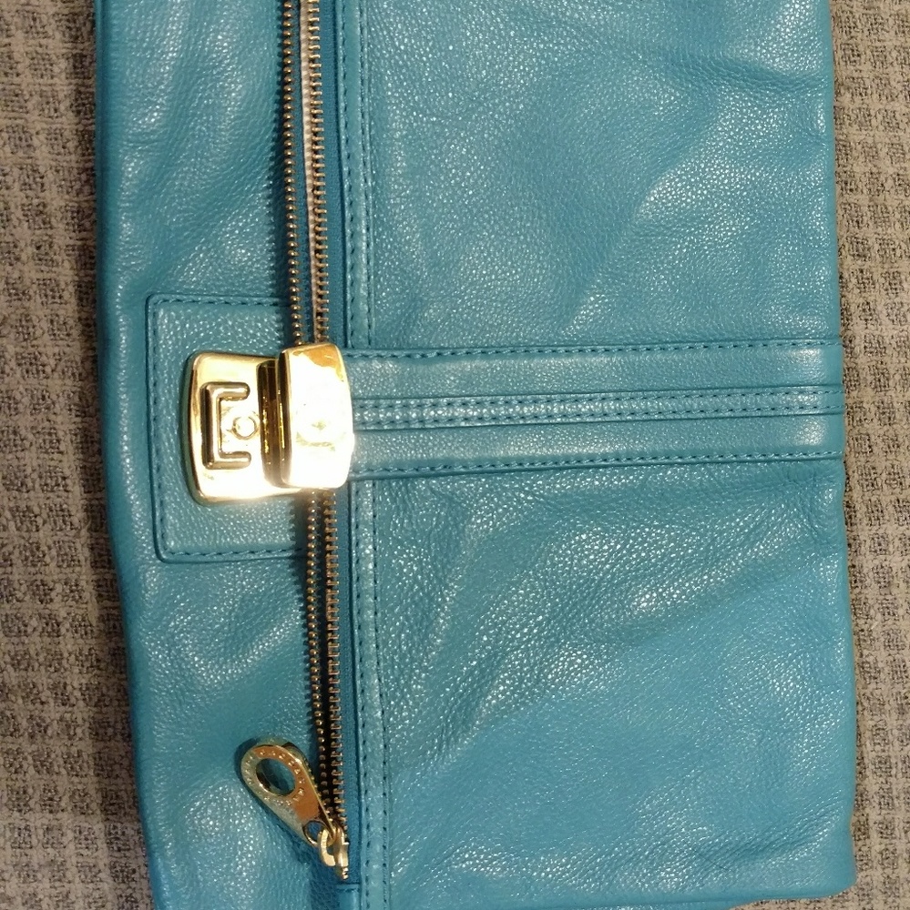 Blue leather oversized fold over marc jacobs clutc