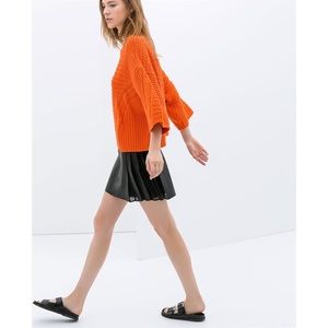 Zara Faux Leather Pleated Skirt With Mesh Inserts