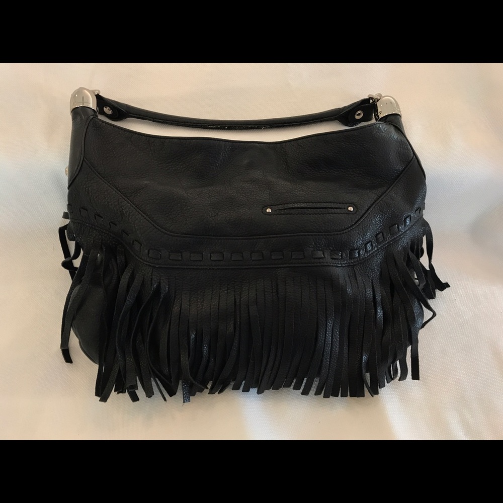 Black leather fringe pocketbook