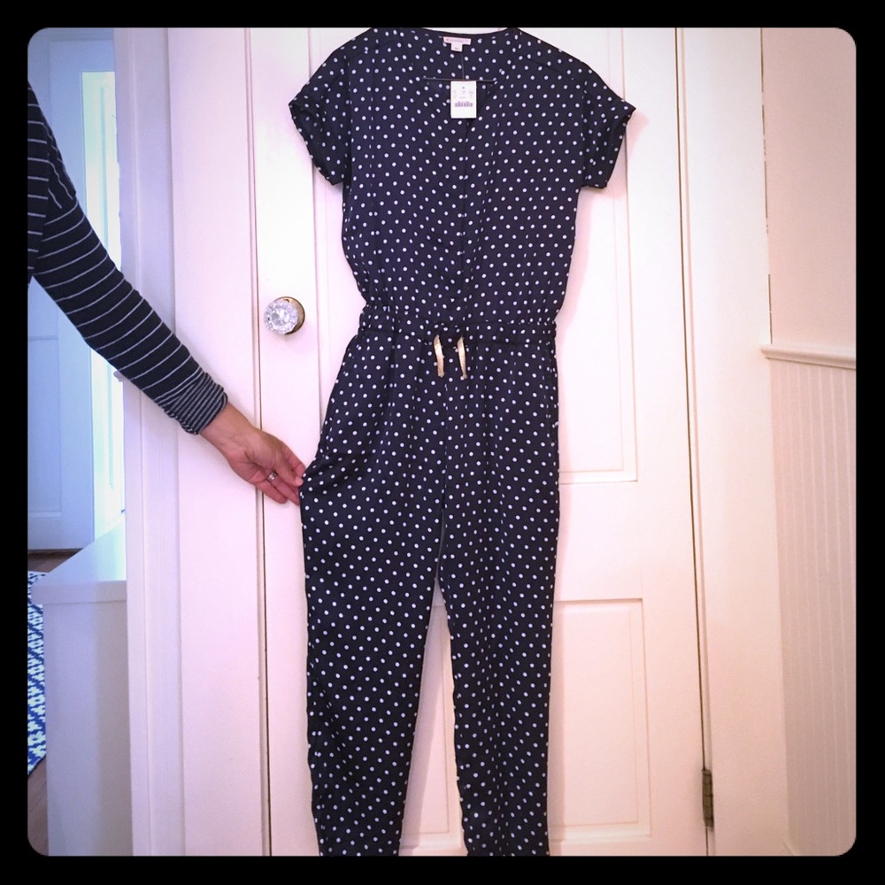 Crew cuts navy and white polka dot jump suit