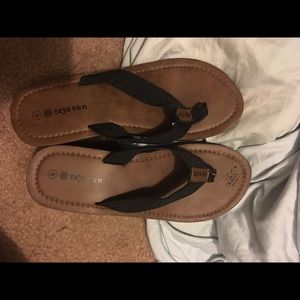 Brown and black platform flip flops