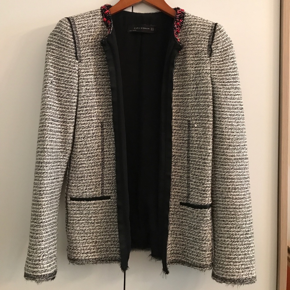 Zara Tweed Boucle Blazer with Embellished Collar