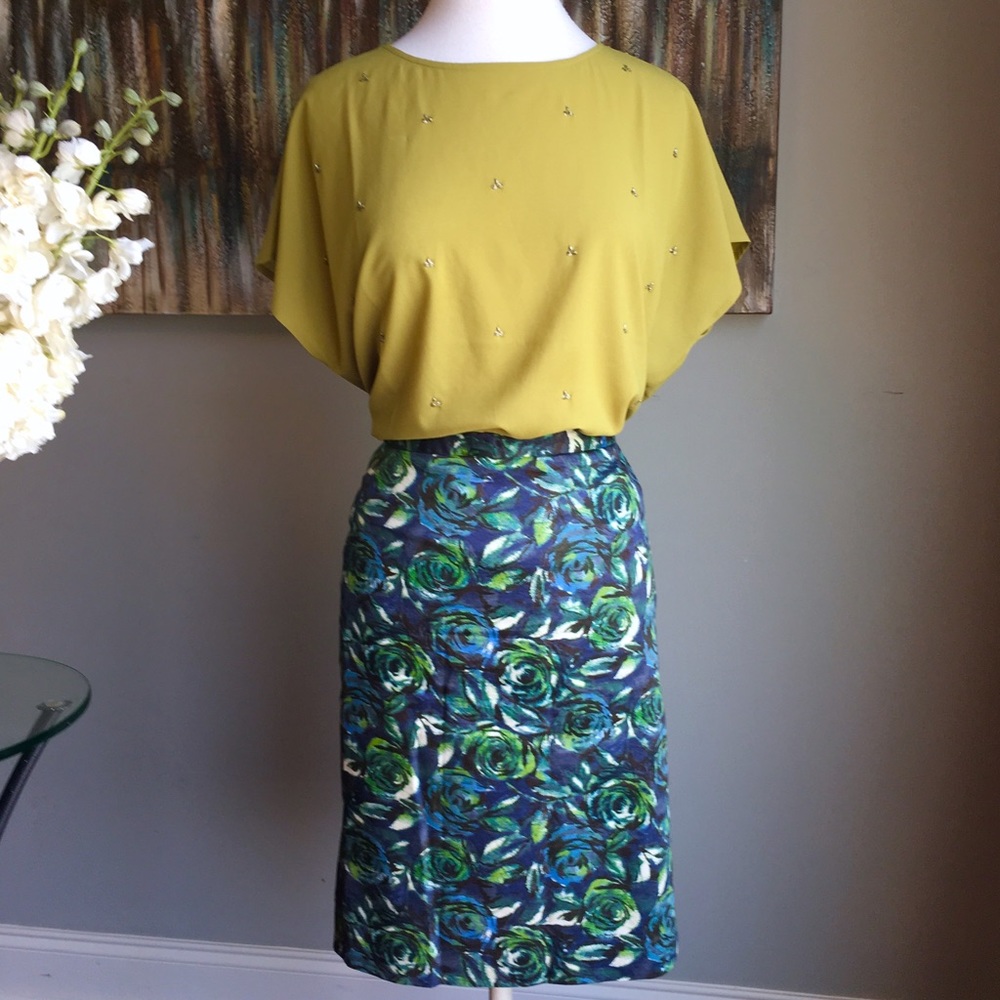 LOFT Green - Blue Floral Print Pencil Skirt