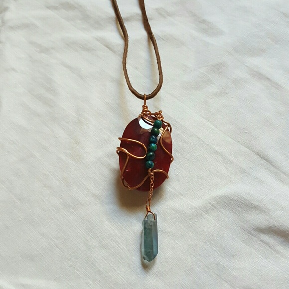 Wire Wrapped Raw Ruby w/Turquoise Necklace - Picture 2 of 8