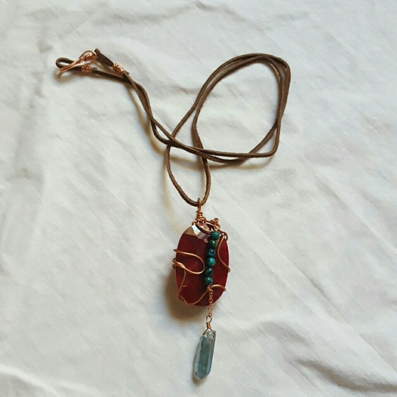 Wire Wrapped Raw Ruby w/Turquoise Necklace - Picture 3 of 8