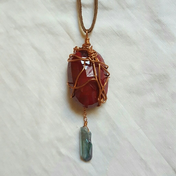 Wire Wrapped Raw Ruby w/Turquoise Necklace - Picture 5 of 8