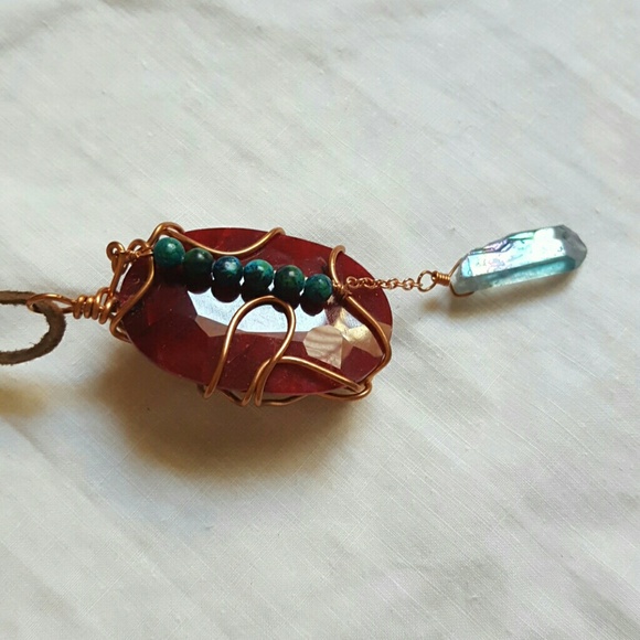Wire Wrapped Raw Ruby w/Turquoise Necklace - Picture 6 of 8