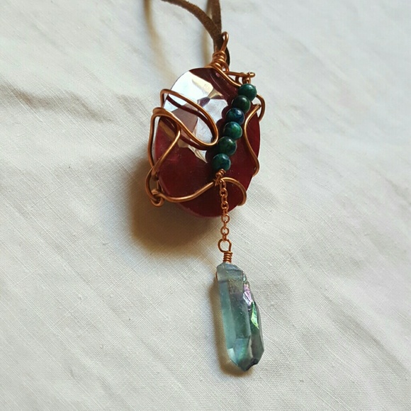 Wire Wrapped Raw Ruby w/Turquoise Necklace - Picture 7 of 8