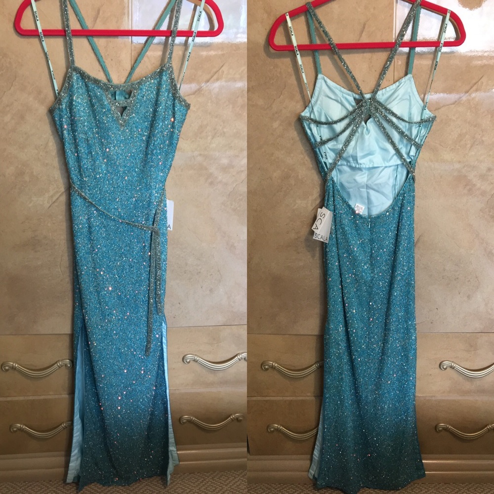 SCALA beaded strappy back prom gown