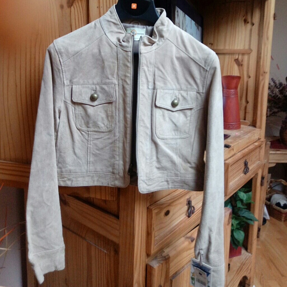 Genuine leather waist length tan lightweight coat