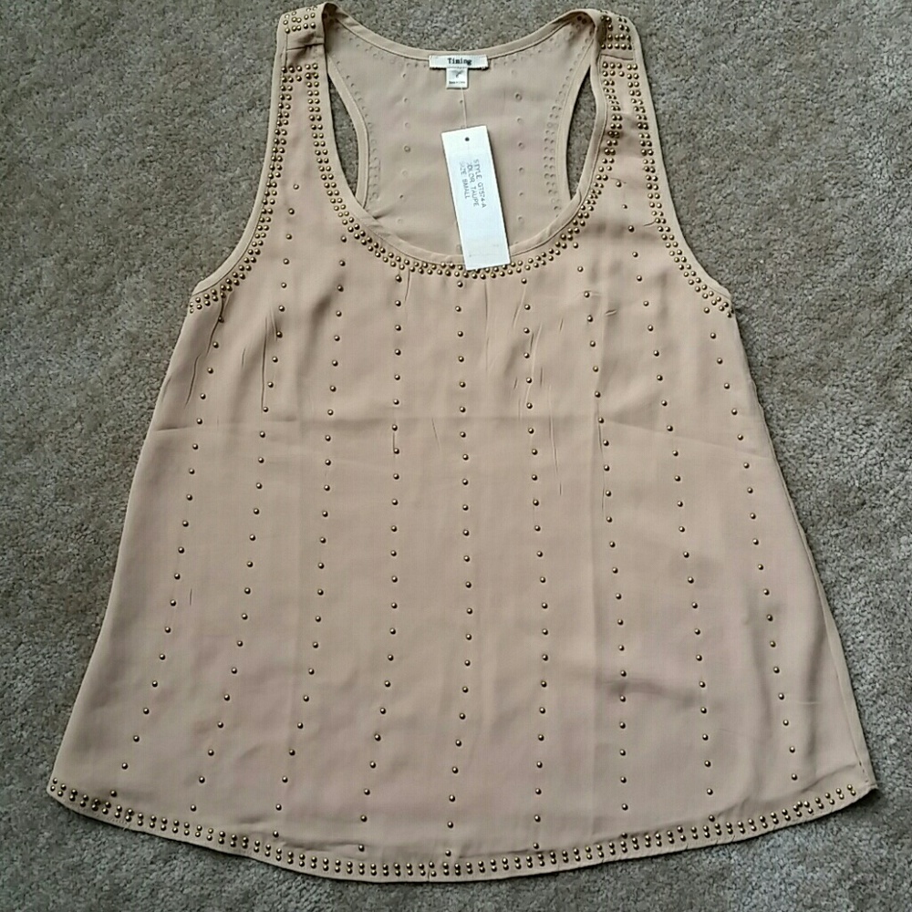 New women's tan racerback tank with gold studs