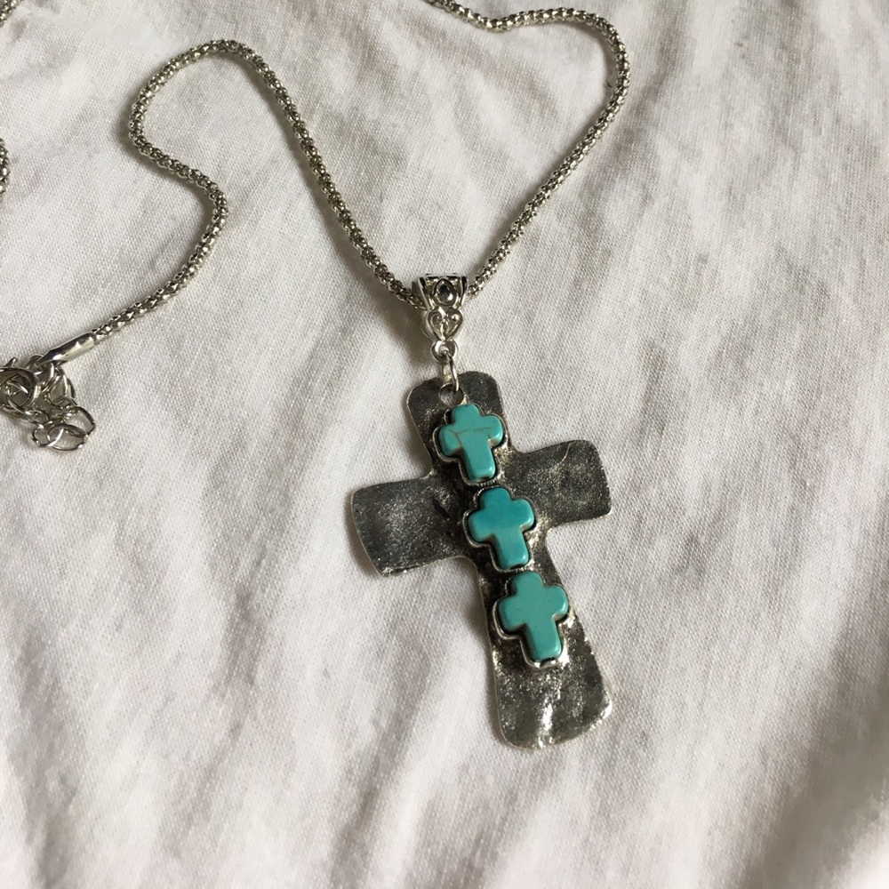 Silver and Turquoise Colored Cross Necklace
