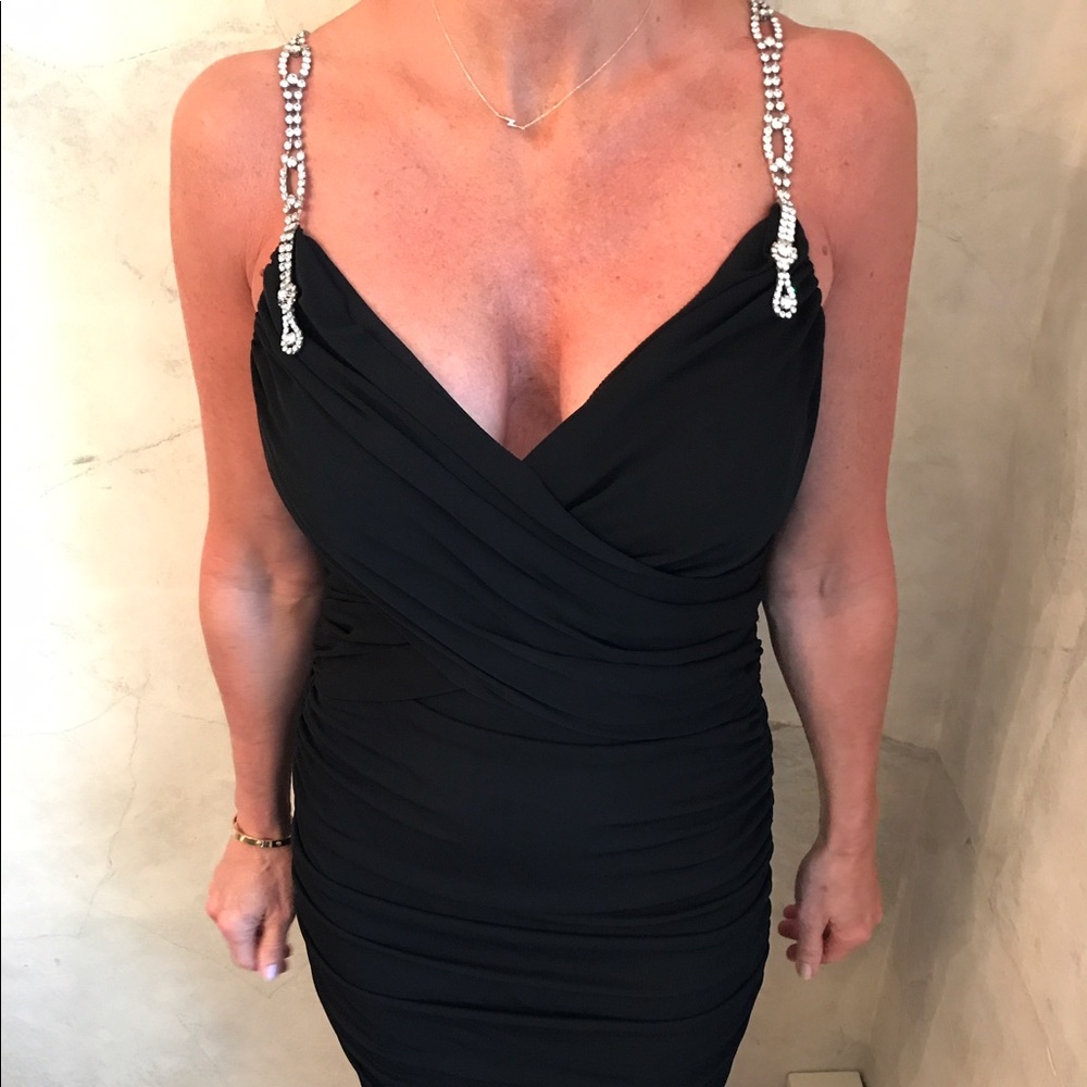 Black cocktail dress with rhinestone straps