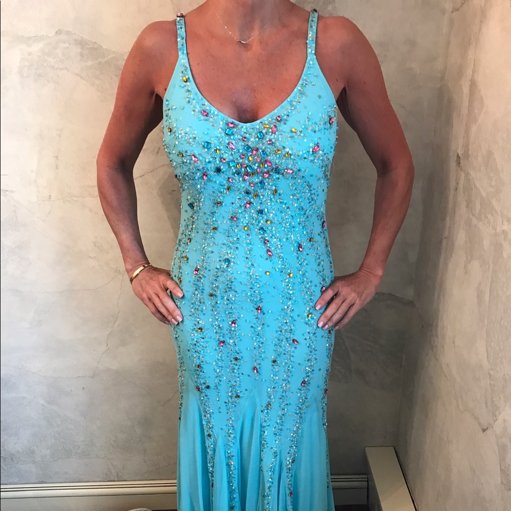 Turquoise beaded evening dress
