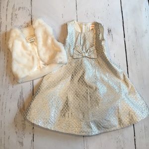 Girls 2T Metallic Silver Dress & White Fur Vest