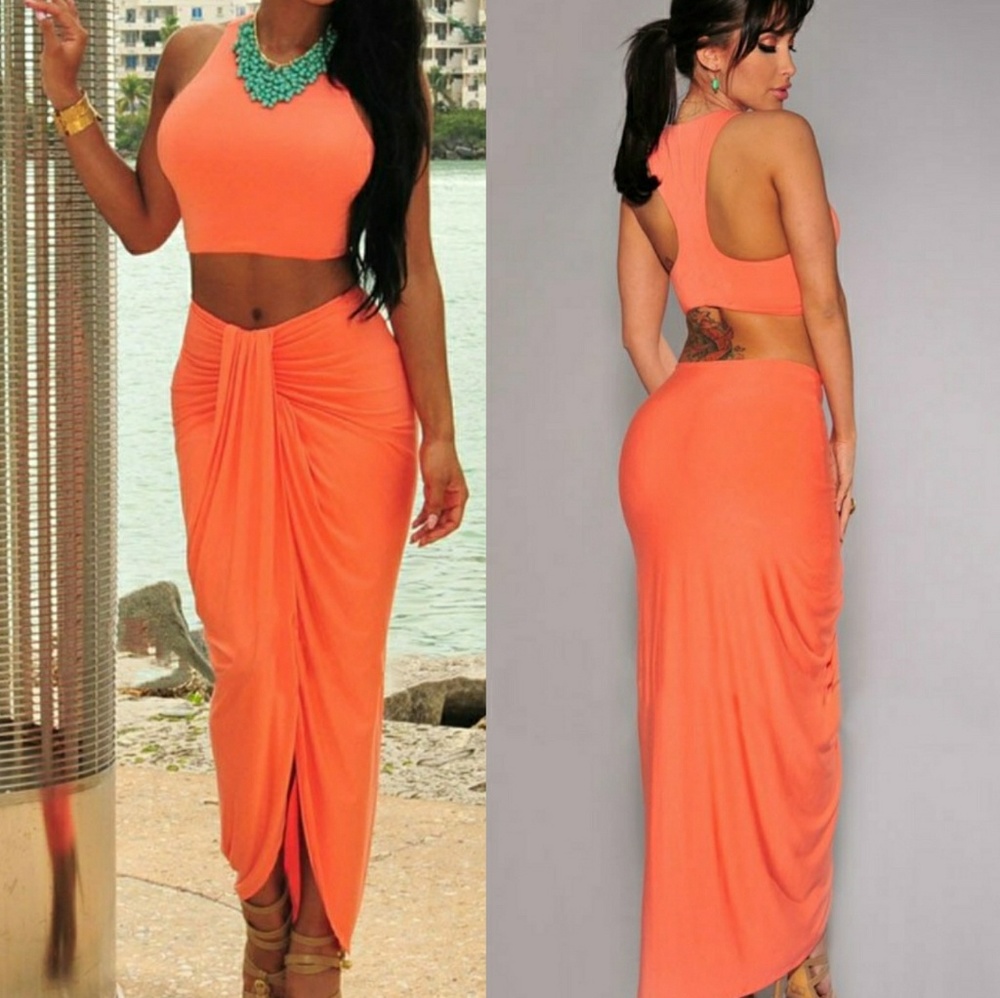 Orange Cascading Two Piece Skirt Set